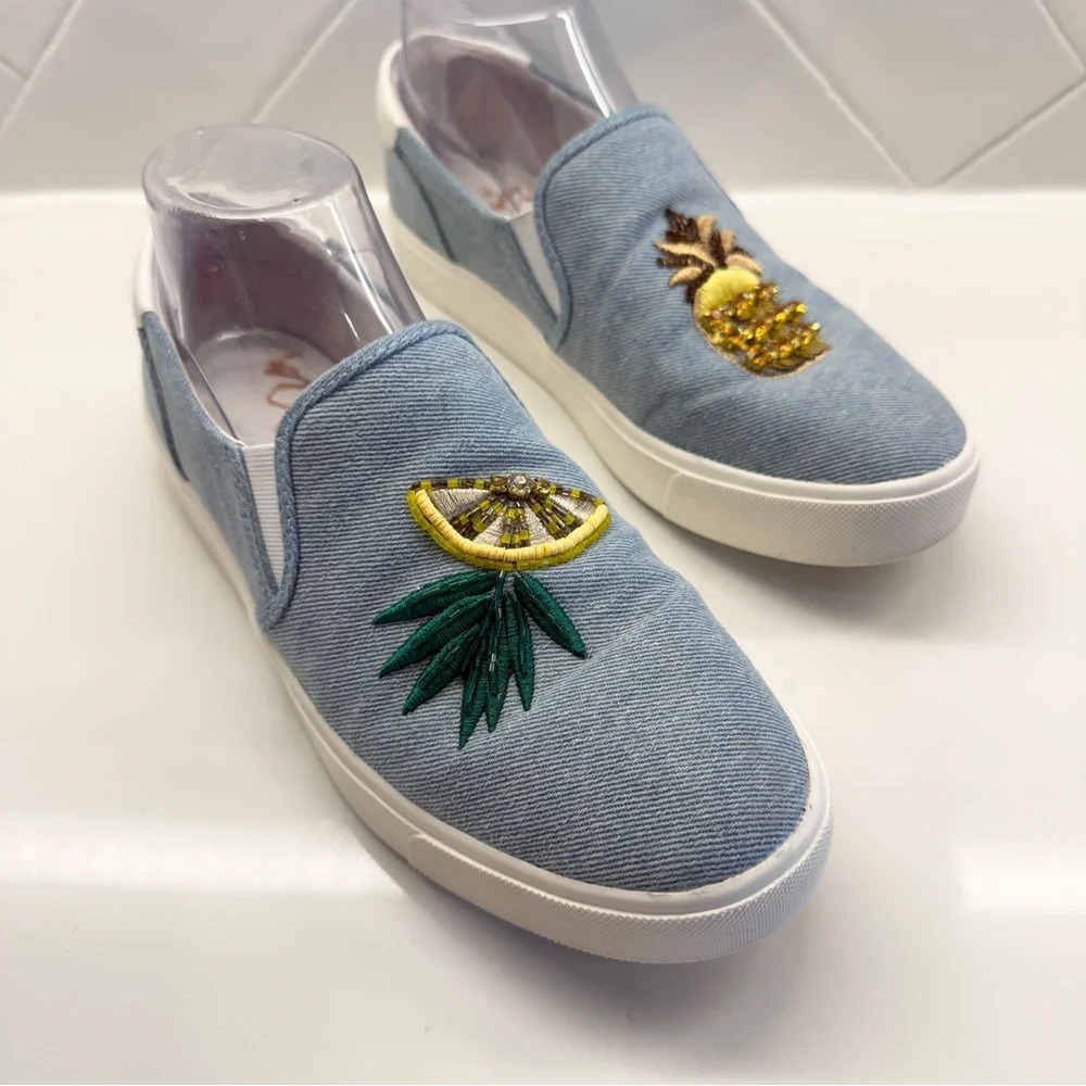 Sam Edelman Women's Blue Slip-On Sneakers Size 7.5 Embroidered Fruit Motifs